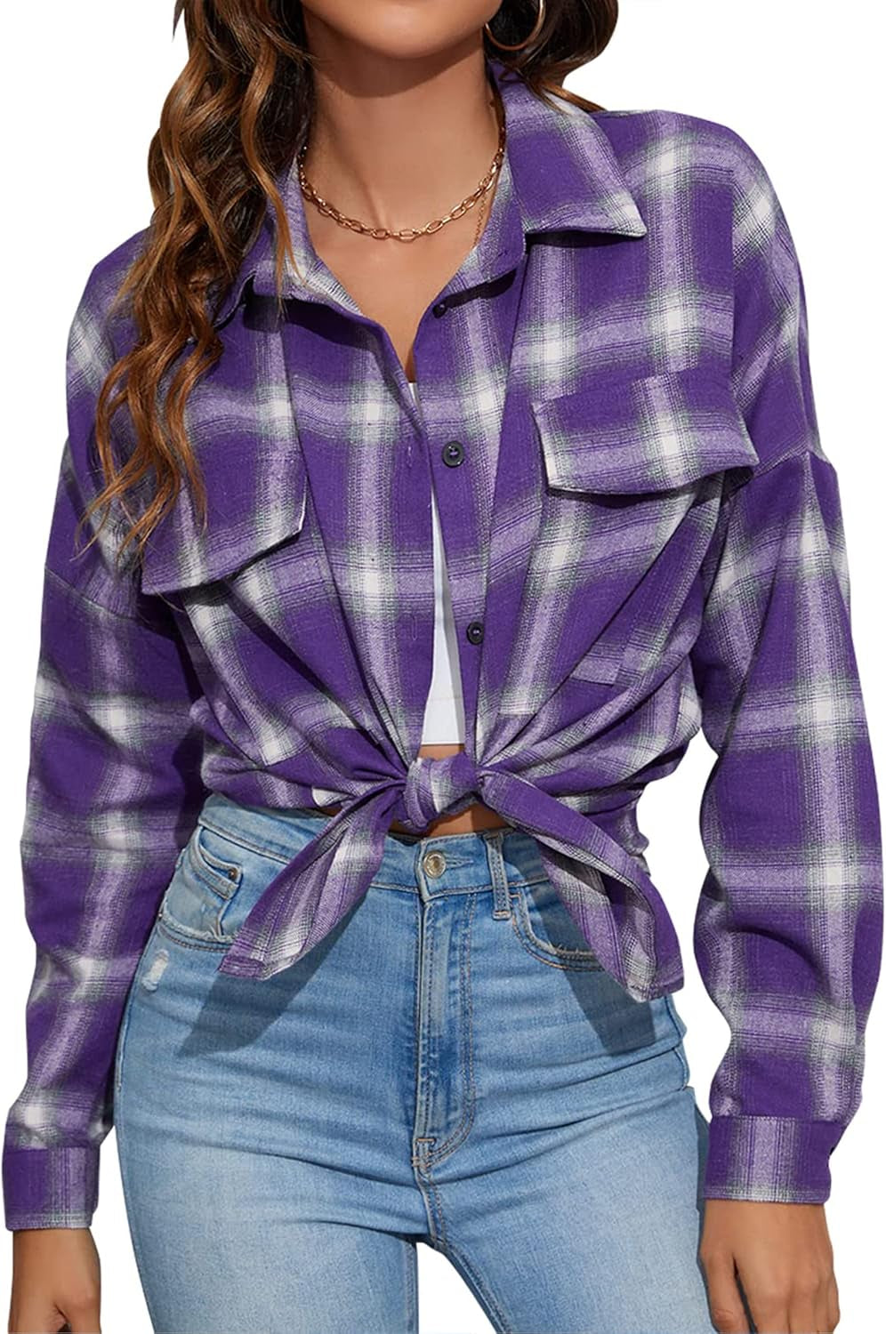 Womens Flannel Shirts Plaid Shacket Button down Long Sleeve
