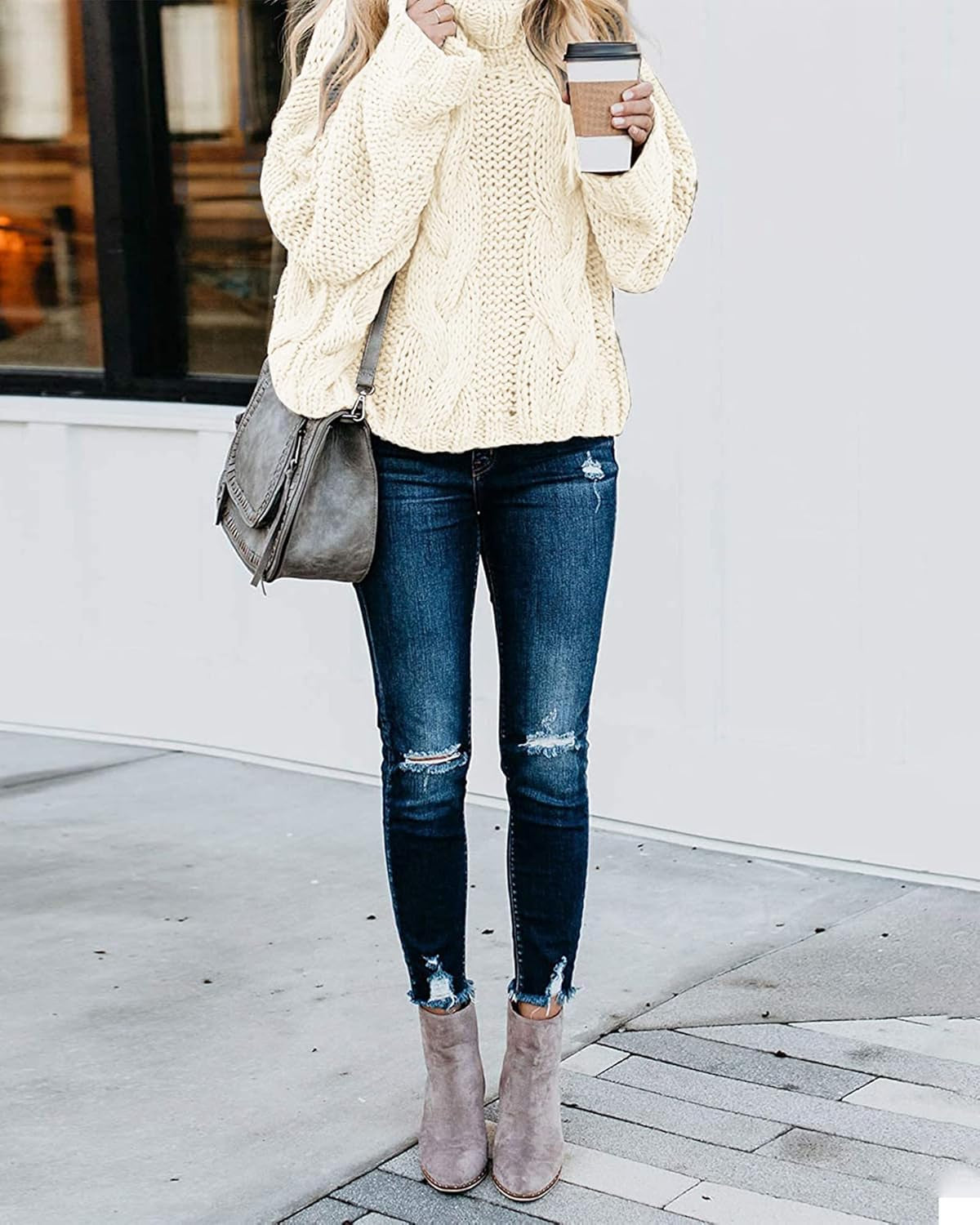 Chic Ballon Sleeve Winter Turtleneck Chunky Sweater Slouchy Oversized Loose Pullover Outerwear Warm Thick