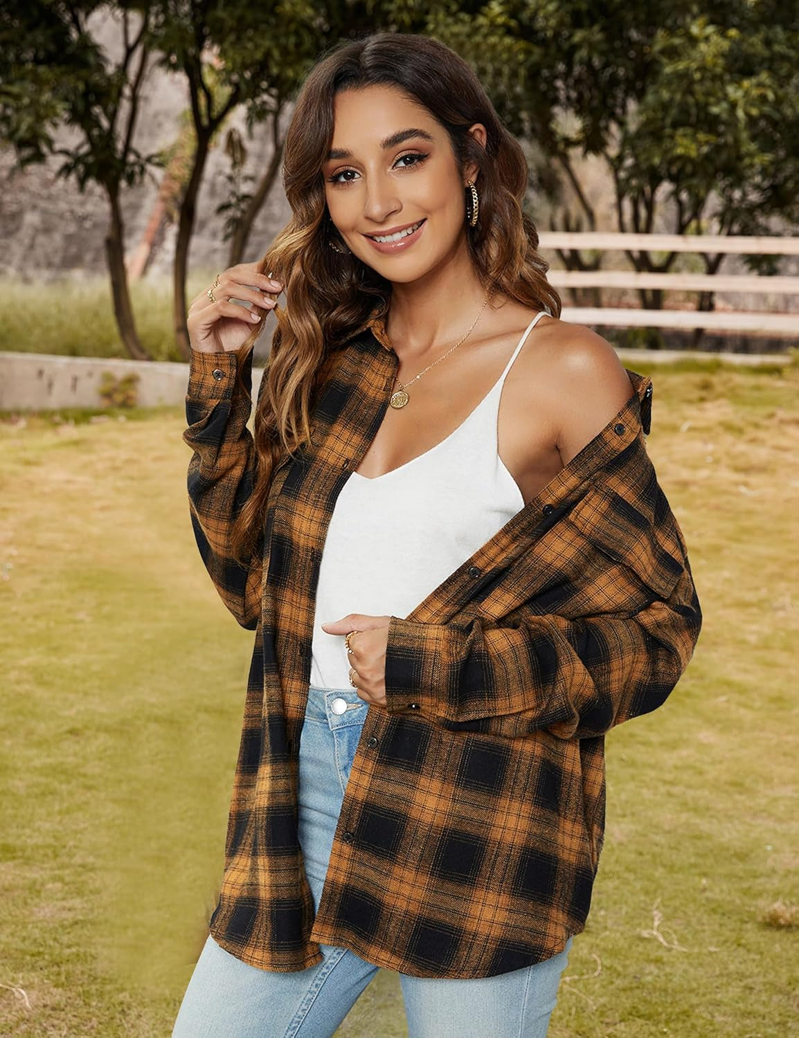 Womens Flannel Shirts Plaid Shacket Button down Long Sleeve