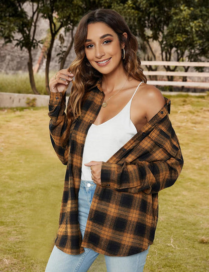 Womens Flannel Shirts Plaid Shacket Button down Long Sleeve