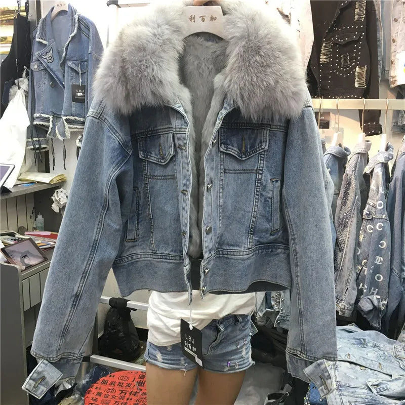 Real Fox Fur Thick Warm Denim Parkas Female Winter Fashion Beading Real Rabbit Fur Liner Detachable Fur Padded Warm Coat F504