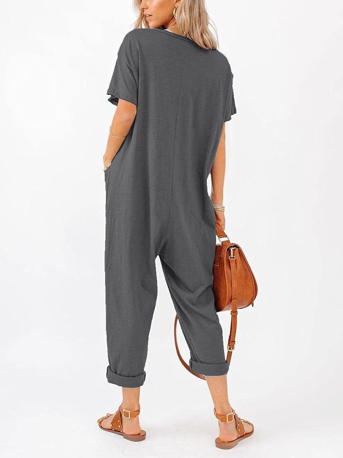 Oversize Women'S One Piece Button up Jumpsuit Casual Loose Short Sleeve V Neck Long Pants Rompers