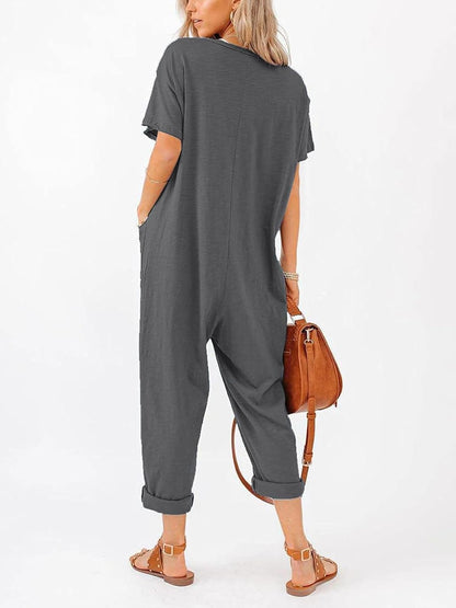 Oversize Women'S One Piece Button up Jumpsuit Casual Loose Short Sleeve V Neck Long Pants Rompers
