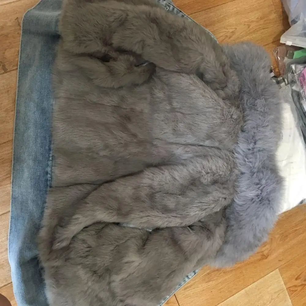Real Fox Fur Thick Warm Denim Parkas Female Winter Fashion Beading Real Rabbit Fur Liner Detachable Fur Padded Warm Coat F504