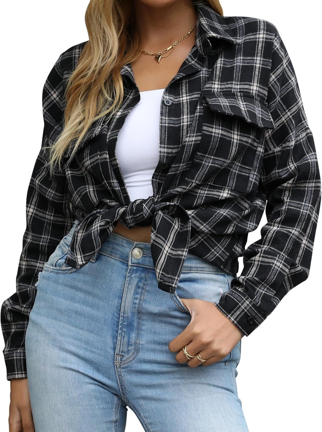 Womens Flannel Shirts Plaid Shacket Button down Long Sleeve