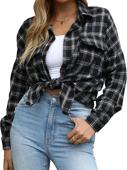 Womens Flannel Shirts Plaid Shacket Button down Long Sleeve
