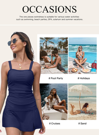 Tankini Swimsuits for Women Tankini Bathing Suit 2 Piece Tummy Control Ruched Tankini Top with Swim Skirt Swimwear Black M