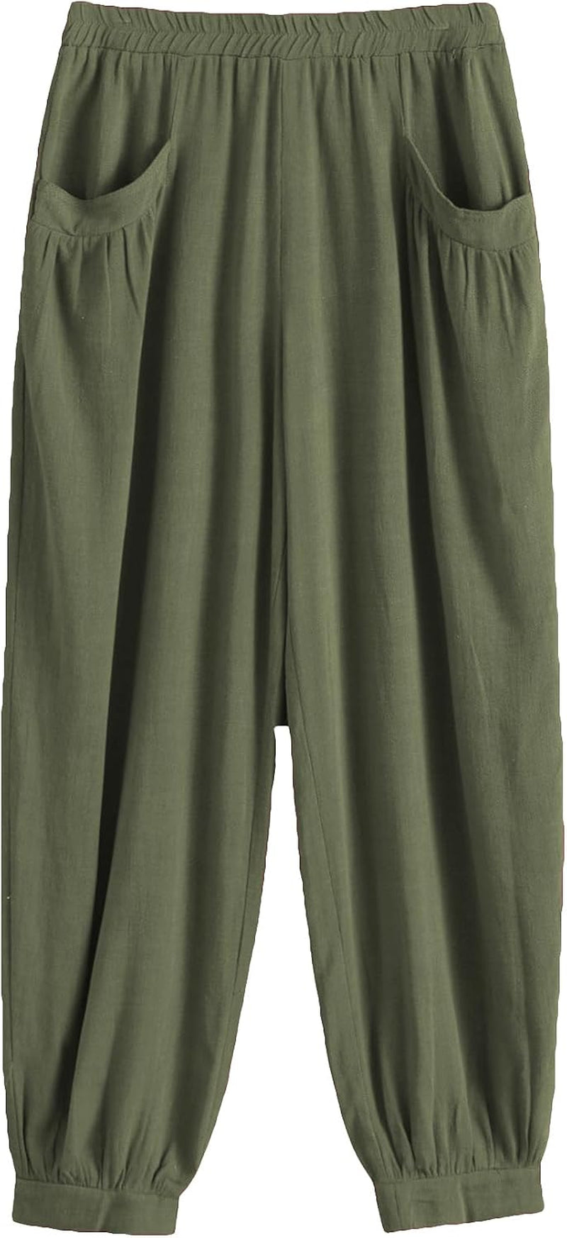 Women'S Cotton Linen Tapered Cropped Pants Elastic Waist Trousers