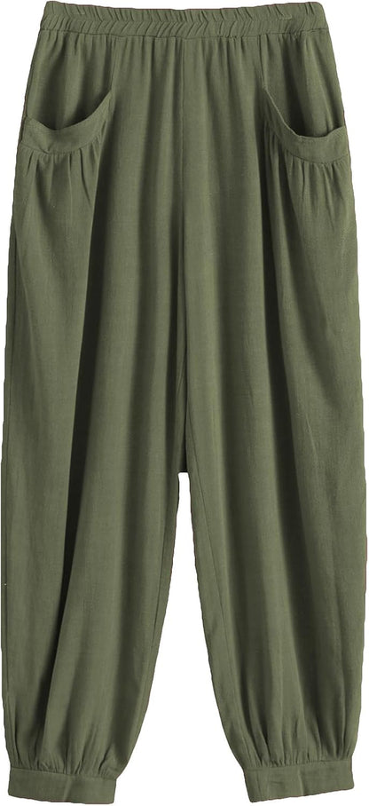 Women'S Cotton Linen Tapered Cropped Pants Elastic Waist Trousers
