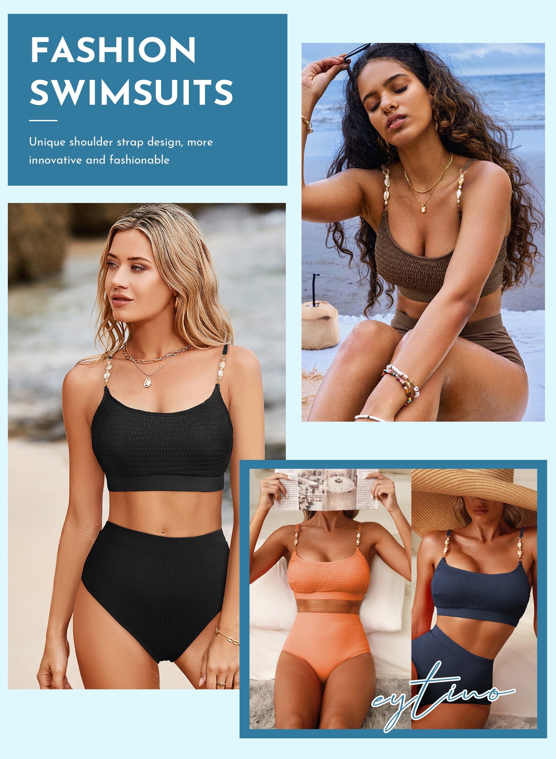 High Waisted Bathing Suits for Women Bikini Set Two Piece Swimsuit Shirred Solid Color Shell Strap Bikini Swimwear 2025 Summer Swim Suit Coffee L