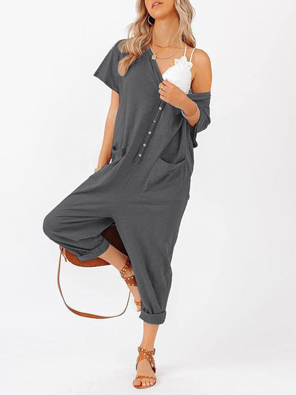 Oversize Women'S One Piece Button up Jumpsuit Casual Loose Short Sleeve V Neck Long Pants Rompers