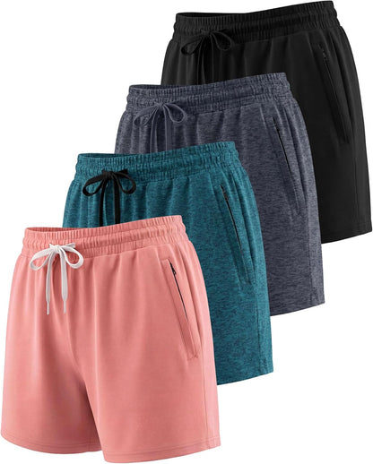 4 Pack Women'S Dry Fit Zipper Pockets Shorts Athletic Running High Waisted