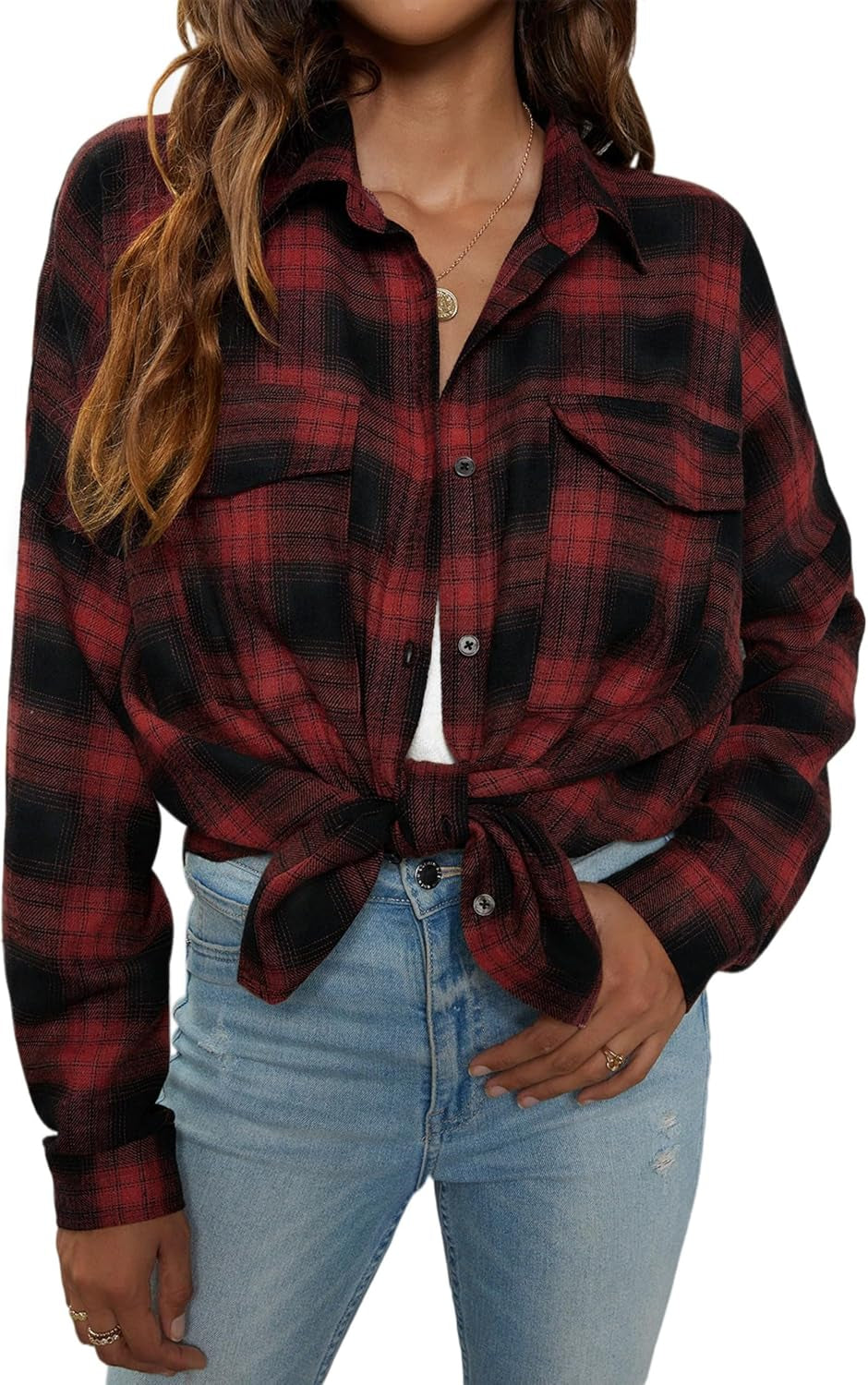Womens Flannel Shirts Plaid Shacket Button down Long Sleeve