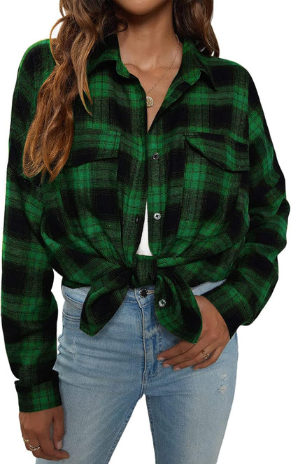 Womens Flannel Shirts Plaid Shacket Button down Long Sleeve