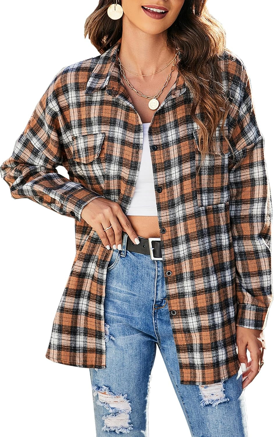 Womens Flannel Shirts Plaid Shacket Button down Long Sleeve