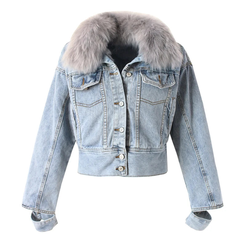 Real Fox Fur Thick Warm Denim Parkas Female Winter Fashion Beading Real Rabbit Fur Liner Detachable Fur Padded Warm Coat F504