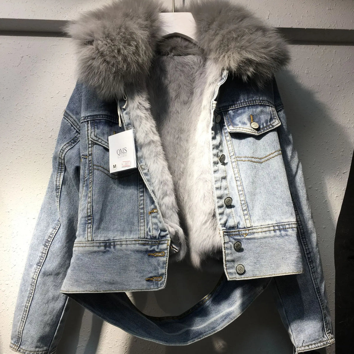 Real Fox Fur Thick Warm Denim Parkas Female Winter Fashion Beading Real Rabbit Fur Liner Detachable Fur Padded Warm Coat F504