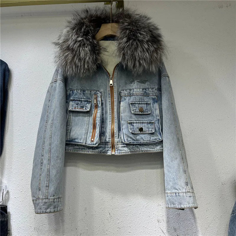 Real Fox Fur Thick Warm Denim Parkas Female Winter Fashion Beading Real Rabbit Fur Liner Detachable Fur Padded Warm Coat F504