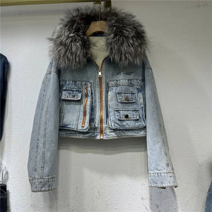 Real Fox Fur Thick Warm Denim Parkas Female Winter Fashion Beading Real Rabbit Fur Liner Detachable Fur Padded Warm Coat F504
