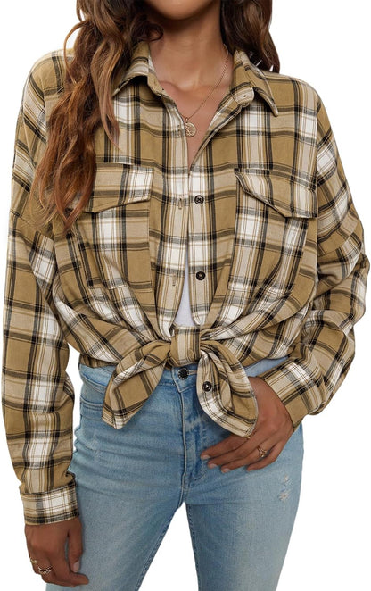 Womens Flannel Shirts Plaid Shacket Button down Long Sleeve