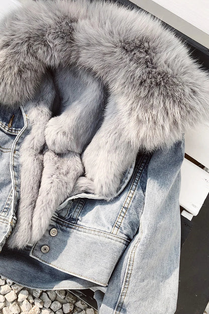 Real Fox Fur Thick Warm Denim Parkas Female Winter Fashion Beading Real Rabbit Fur Liner Detachable Fur Padded Warm Coat F504