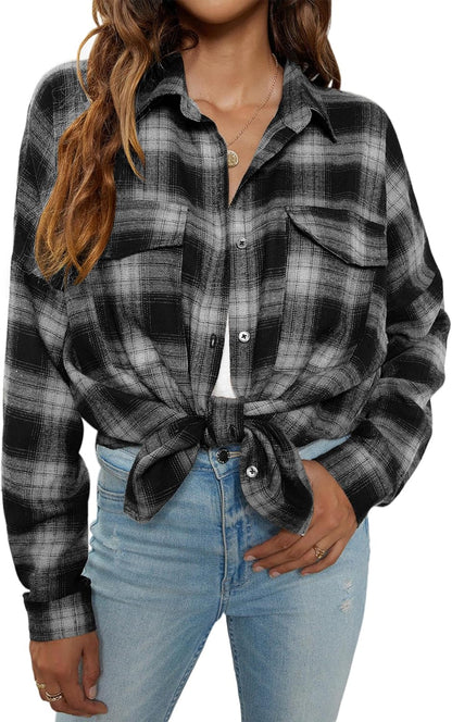Womens Flannel Shirts Plaid Shacket Button down Long Sleeve
