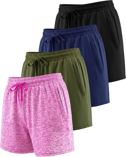 4 Pack Women'S Dry Fit Zipper Pockets Shorts Athletic Running High Waisted
