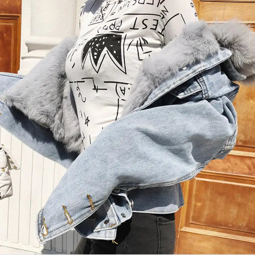Real Fox Fur Thick Warm Denim Parkas Female Winter Fashion Beading Real Rabbit Fur Liner Detachable Fur Padded Warm Coat F504