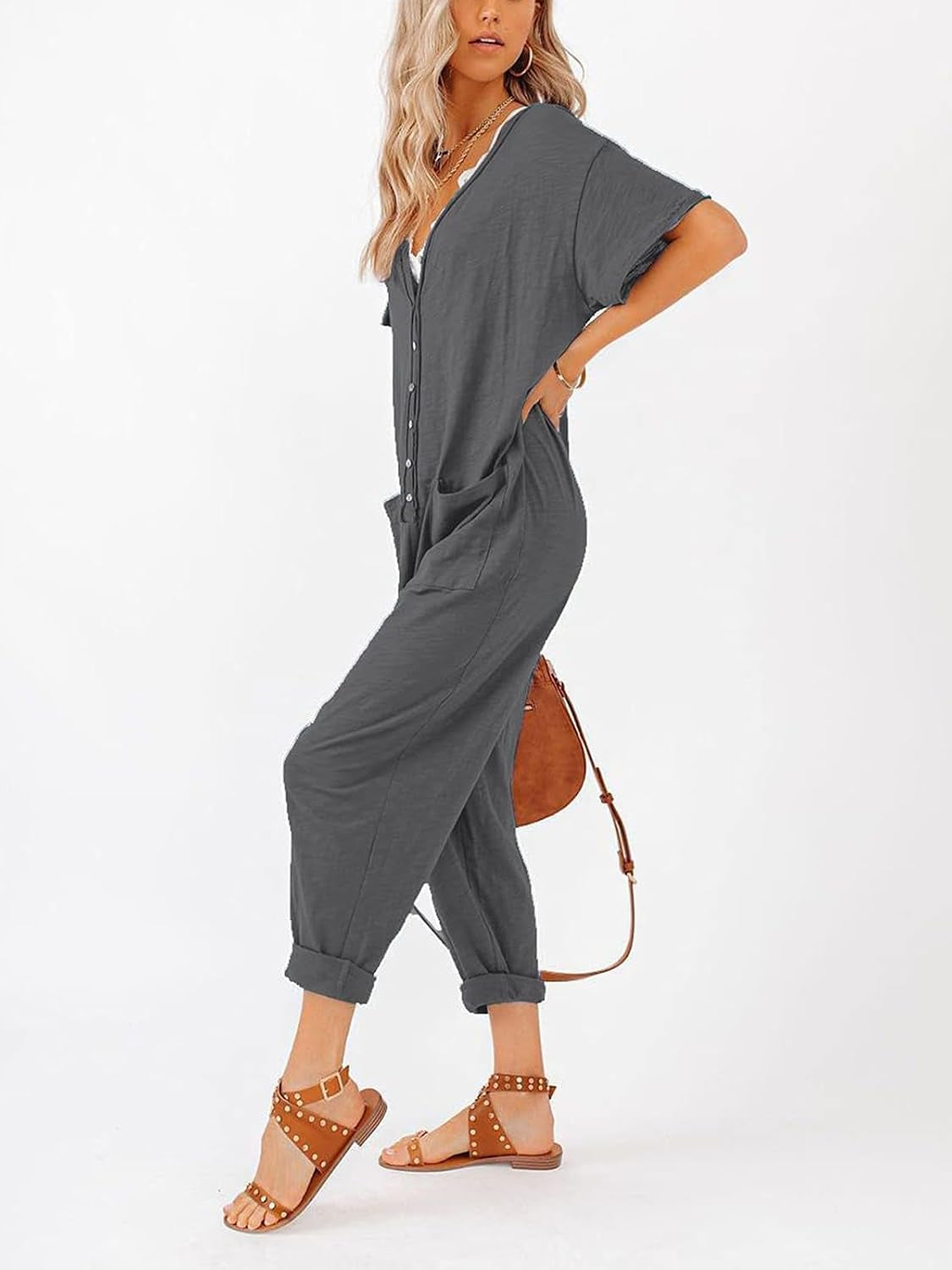 Oversize Women'S One Piece Button up Jumpsuit Casual Loose Short Sleeve V Neck Long Pants Rompers