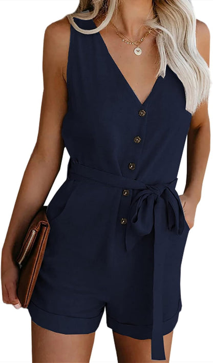 Womens Casual Summer Crewneck Ruffle Sleeveless Rompers, XS-XXL