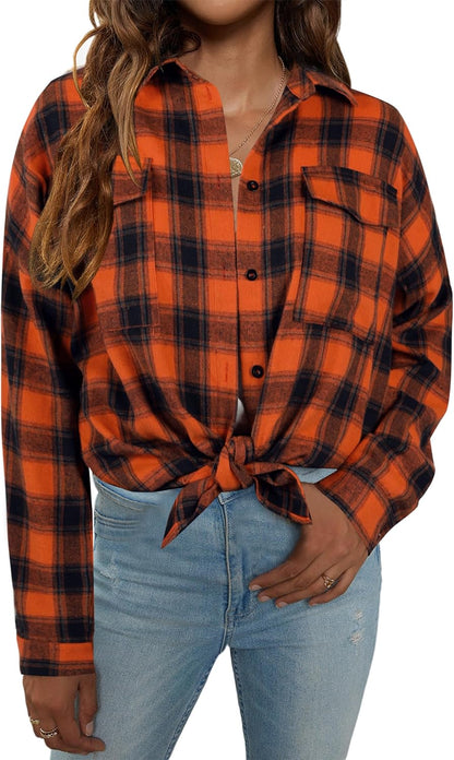 Womens Flannel Shirts Plaid Shacket Button down Long Sleeve