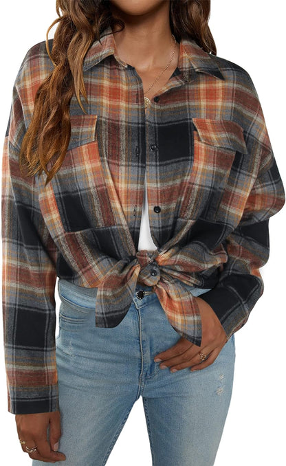 Womens Flannel Shirts Plaid Shacket Button down Long Sleeve