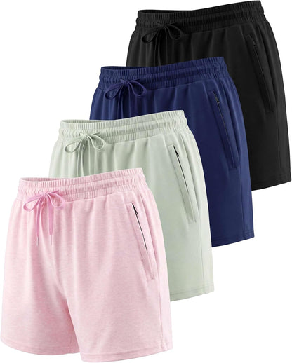 4 Pack Women'S Dry Fit Zipper Pockets Shorts Athletic Running High Waisted