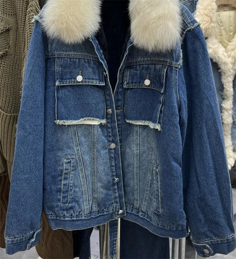 Real Fox Fur Thick Warm Denim Parkas Female Winter Fashion Beading Real Rabbit Fur Liner Detachable Fur Padded Warm Coat F504