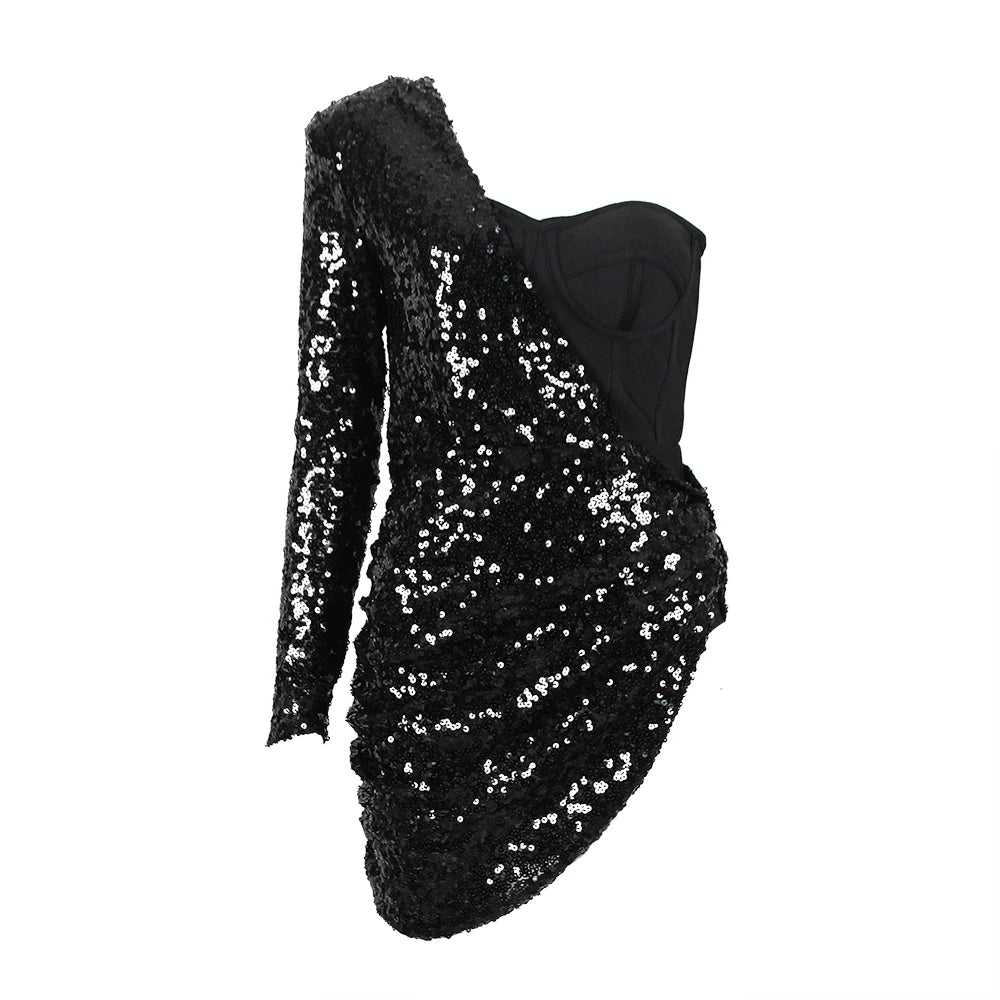 Women Bandages Dress Sexy Sequins One Shoulder Patchwork Clothes Celebrity Party Club Mini Dresses