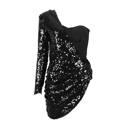 Women Bandages Dress Sexy Sequins One Shoulder Patchwork Clothes Celebrity Party Club Mini Dresses