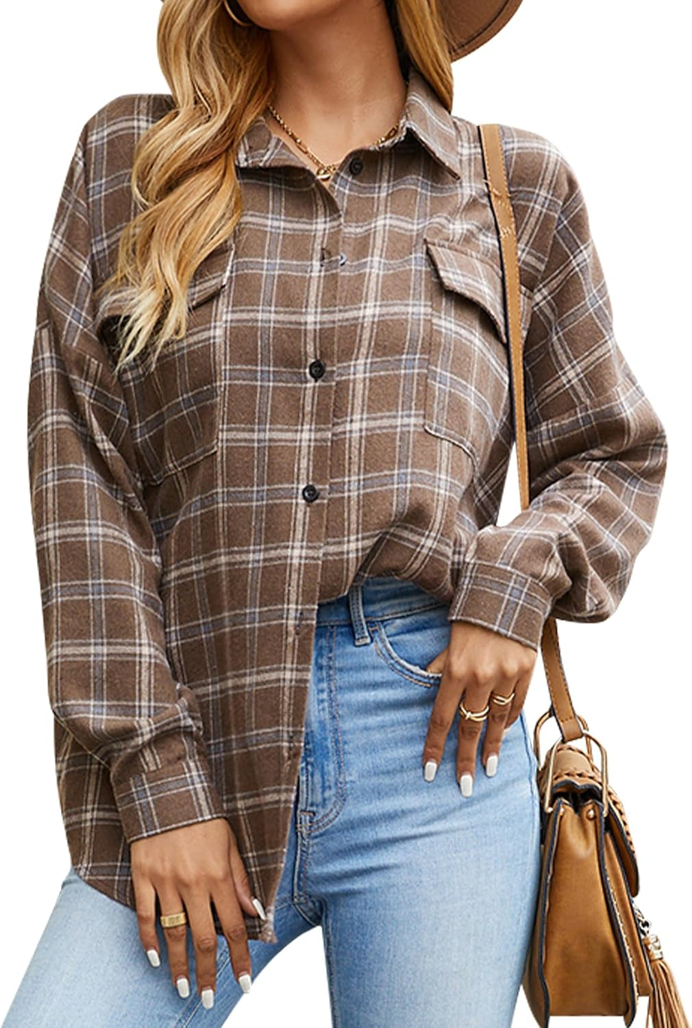 Womens Flannel Shirts Plaid Shacket Button down Long Sleeve