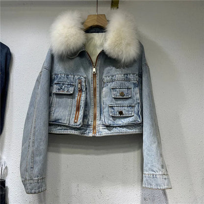Real Fox Fur Thick Warm Denim Parkas Female Winter Fashion Beading Real Rabbit Fur Liner Detachable Fur Padded Warm Coat F504