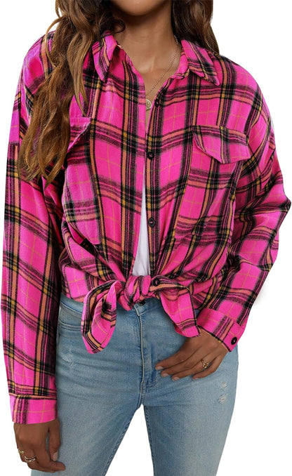 Womens Flannel Shirts Plaid Shacket Button down Long Sleeve