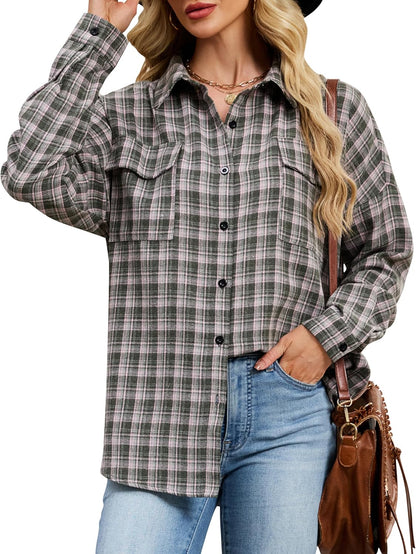 Womens Flannel Shirts Plaid Shacket Button down Long Sleeve