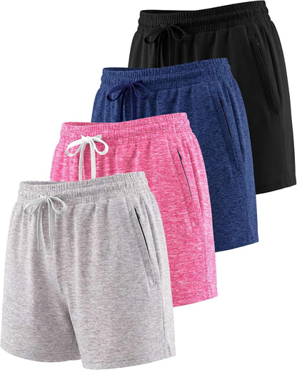 4 Pack Women'S Dry Fit Zipper Pockets Shorts Athletic Running High Waisted