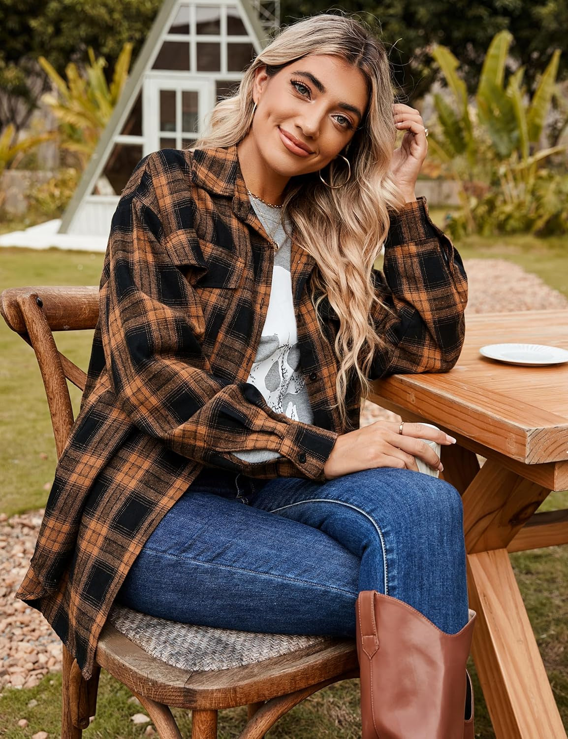 Womens Flannel Shirts Plaid Shacket Button down Long Sleeve