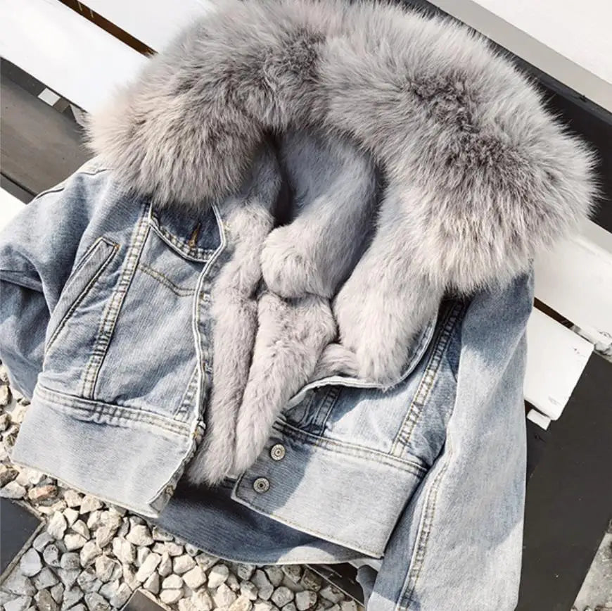 Real Fox Fur Thick Warm Denim Parkas Female Winter Fashion Beading Real Rabbit Fur Liner Detachable Fur Padded Warm Coat F504