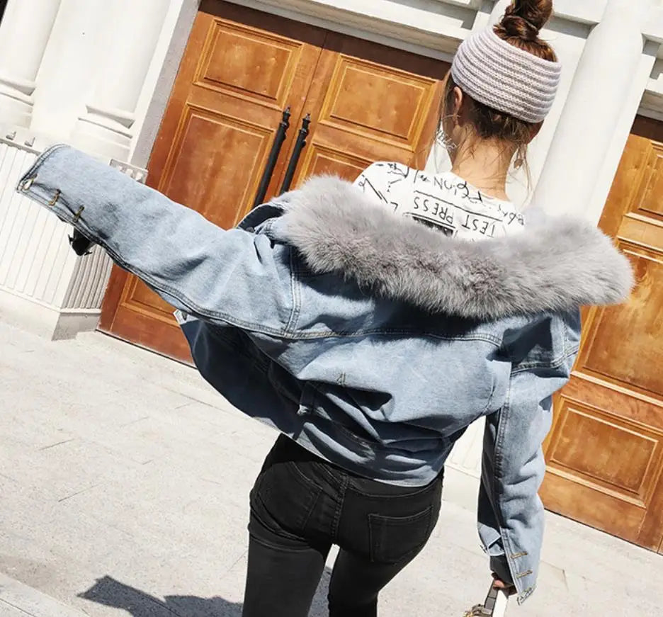Real Fox Fur Thick Warm Denim Parkas Female Winter Fashion Beading Real Rabbit Fur Liner Detachable Fur Padded Warm Coat F504
