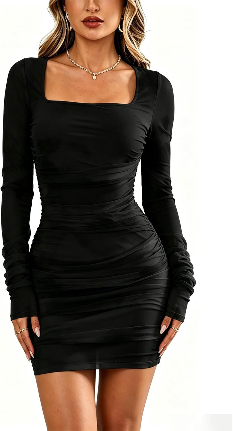 Women'S Sexy Mesh Dress Square Neck Long Sleeve Ruched Printed Bodycon Party Club Cocktail Mini Dresses