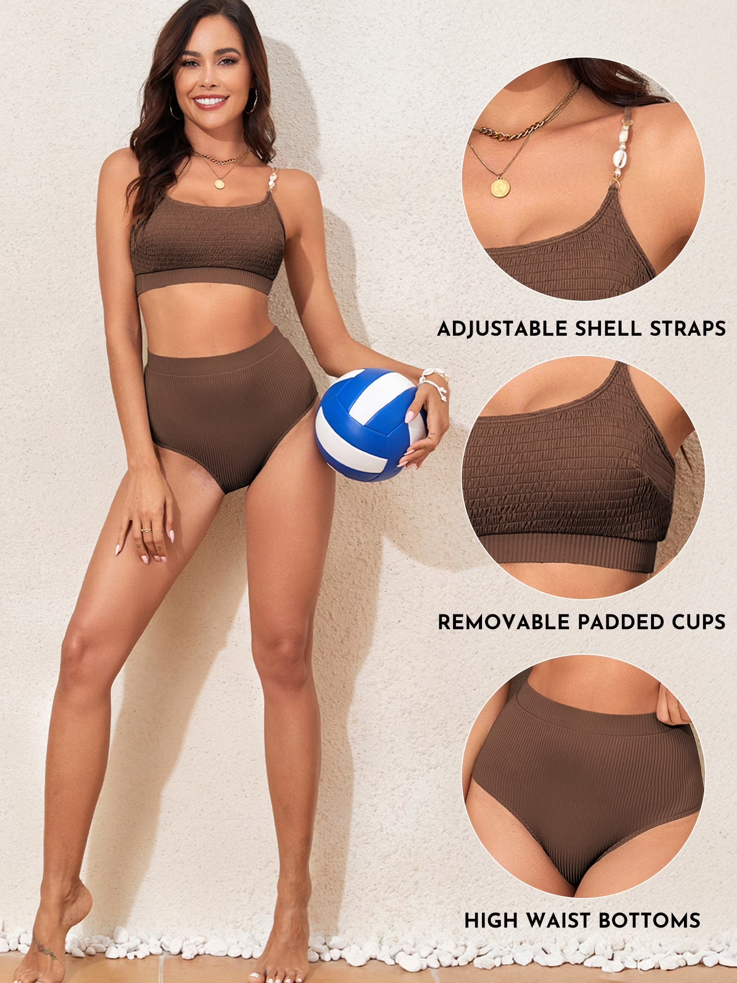 High Waisted Bathing Suits for Women Bikini Set Two Piece Swimsuit Shirred Solid Color Shell Strap Bikini Swimwear 2025 Summer Swim Suit Coffee L
