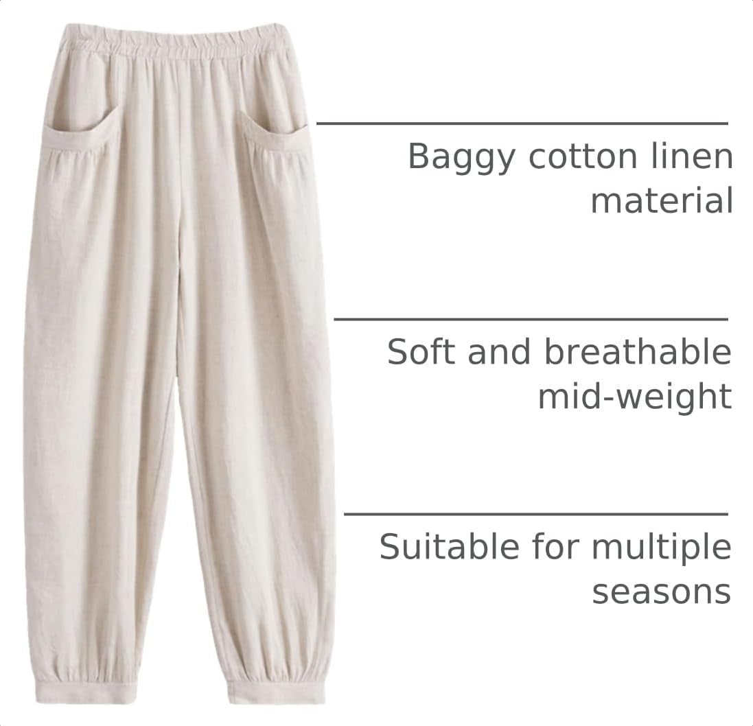 Women'S Cotton Linen Tapered Cropped Pants Elastic Waist Trousers
