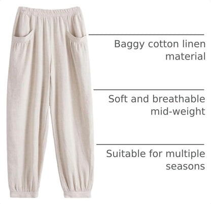 Women'S Cotton Linen Tapered Cropped Pants Elastic Waist Trousers