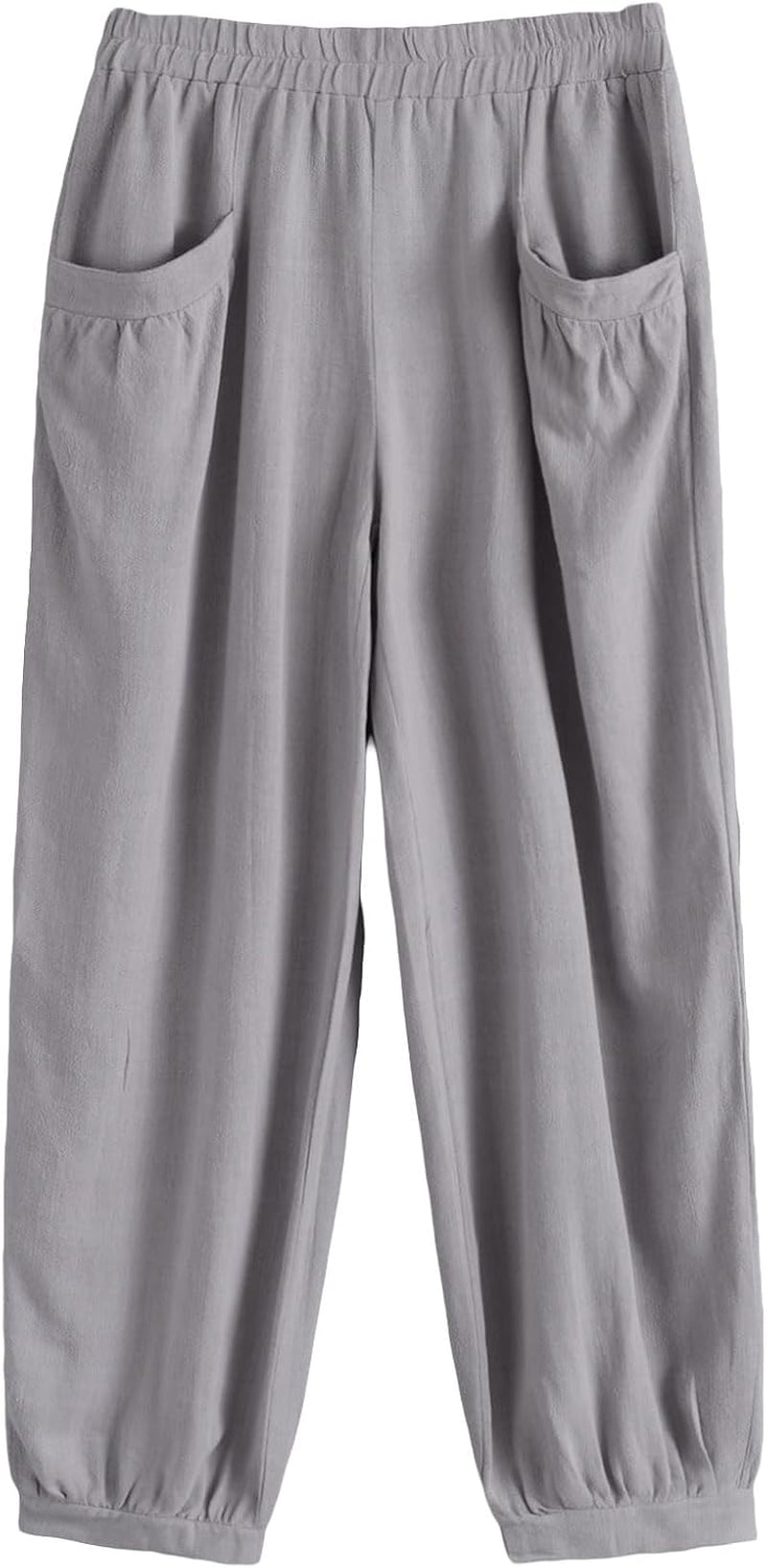 Women'S Cotton Linen Tapered Cropped Pants Elastic Waist Trousers