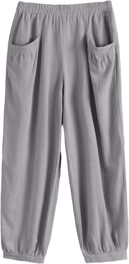 Women'S Cotton Linen Tapered Cropped Pants Elastic Waist Trousers